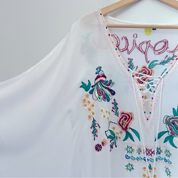 Rare Farm Rio Colorful Embroidered Tropical White Kaftan Beach Cover-up One Size - Picture 6 of 14